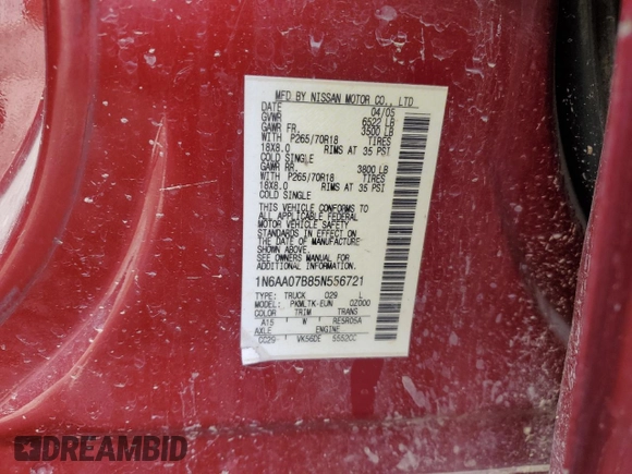 2005 Nissan Titan LE z VIN 1N6AA07B85N556721, wystawiony jako Copart lot #56566275 z przebiegiem 161 847 mil mil oraz Szkoda całkowita • Salvage title. Historia ofert i sprzedaży dostępna na DreamBid. Obrazek 13.