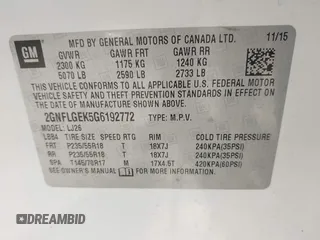 2016 Chevrolet Equinox LTZ with VIN 2GNFLGEK5G6192772, listed as a IAAI auction lot 41797023 with 97,882 mi miles. Bid and sale history available at carsss.com. Image 9.