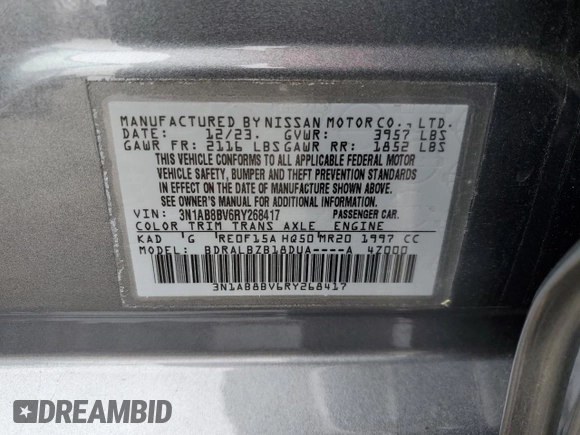2024 Nissan Sentra S z VIN 3N1AB8BV6RY268417, wystawiony jako Copart lot #55826095 z przebiegiem 11 353 mil mil oraz Szkoda całkowita • Salvage title. Historia ofert i sprzedaży dostępna na DreamBid. Obrazek 13.