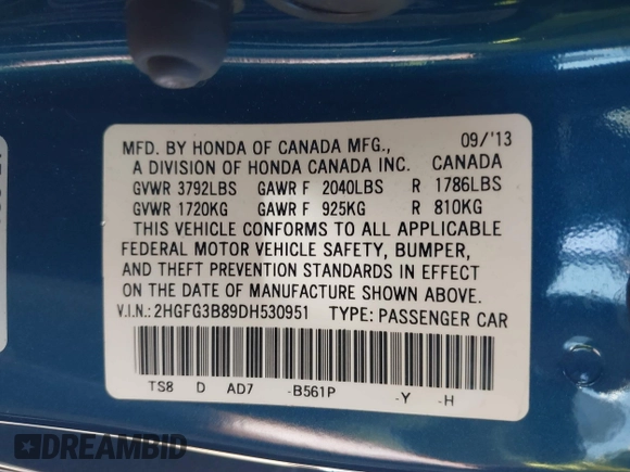 2013 Honda Civic Cpe EX with VIN 2HGFG3B89DH530951, listed as a IAAI auction lot 37728515 with 130,000 mi miles. Bid and sale history available at carsss.com. Image 9.
