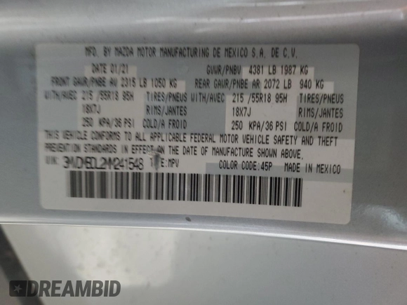 2021 Mazda CX-30 Premium with VIN 3MVDMBDL2MM241548, listed as a Copart auction lot 57417885 with 35,945 mi miles and Salvage title. Bid and sale history available at DreamBid. Image 13.