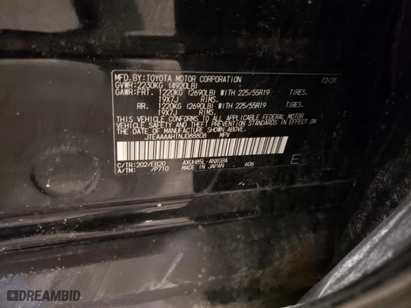 2022 Toyota Venza LE with VIN JTEAAAAH1NJ088808, listed as a Copart auction lot 49810165 with 51,752 mi miles and Salvage Title. Bid and sale history available at carsss.com. Image 13.