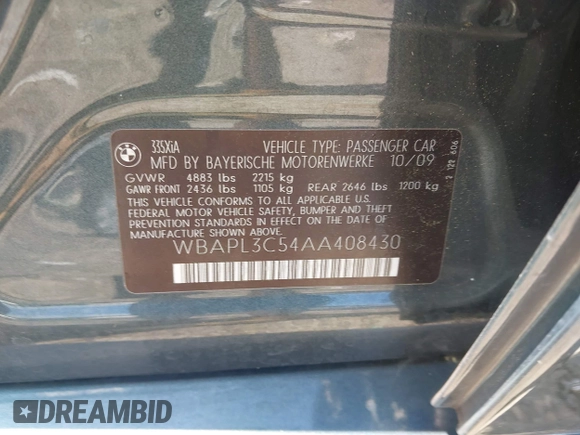 2010 BMW 3 Series 335i xDrive with VIN WBAPL3C54AA408430, listed as a IAAI auction lot 42182677 with 75,163 mi miles and . Bid and sale history available at DreamBid. Image 9.
