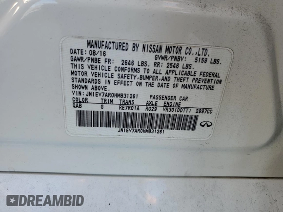 2017 Infiniti Q50 Premium with VIN JN1EV7AR0HM831261, listed as a Copart auction lot 63511775 with 79,484 mi miles and Salvage title. Bid and sale history available at DreamBid. Image 12.