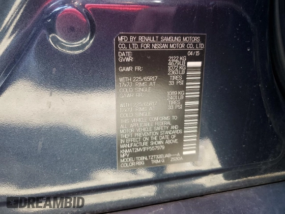2015 Nissan Rogue SV with VIN KNMAT2MV1FP557979, listed as a Copart auction lot 54177585 with 66,031 mi miles and Salvage Title. Bid and sale history available at carsss.com. Image 13.