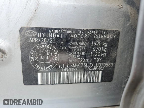 2020 Hyundai Ioniq SE z VIN KMHC75LJXLU070589, wystawiony jako Copart lot #58650805 z przebiegiem 188 922 mil mil oraz Szkoda całkowita • Salvage title. Historia ofert i sprzedaży dostępna na DreamBid. Obrazek 12.