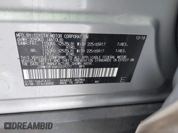 2019 Toyota RAV4 XLE with VIN JTMW1RFV6KD009277, listed as a IAAI auction lot 41678576 with 51,833 mi miles. Bid and sale history available at carsss.com. Image 9.