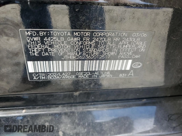 2006 Lexus IS 250 z VIN JTHBK262362012517, wystawiony jako Copart lot #60495945 z przebiegiem Nie podano mil oraz Szkoda całkowita • Salvage title. Historia ofert i sprzedaży dostępna na DreamBid. Obrazek 12.