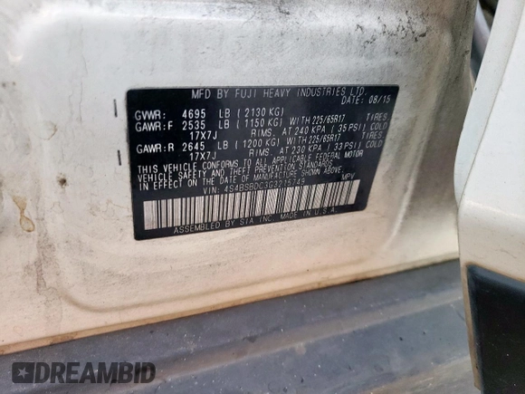 2016 Subaru Outback Premium with VIN 4S4BSBDC3G3215749, listed as a Copart auction lot 65511985 with 122,037 mi miles and Salvage title. Bid and sale history available at DreamBid. Image 14.