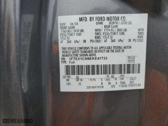 2014 Ford F-150 XL with VIN 1FTEX1CM8EKE41733, listed as a Copart auction lot 49149325 with 76,900 mi miles and Salvage Title. Bid and sale history available at carsss.com. Image 12.