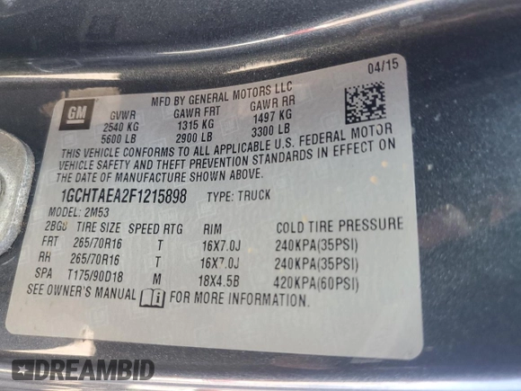 2015 Chevrolet Colorado 4WD WT with VIN 1GCHTAEA2F1215898, listed as a Copart auction lot 49644255 with 333,463 mi miles and Clean Title. Bid and sale history available at DreamBid. Image 12.