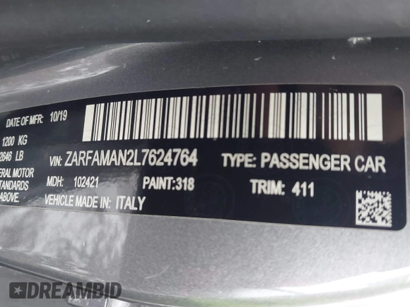 2020 Alfa Romeo Giulia z VIN ZARFAMAN2L7624764, wystawiony jako IAAI lot #41623824 z przebiegiem Nie podano mil oraz . Historia ofert i sprzedaży dostępna na DreamBid. Obrazek 9.