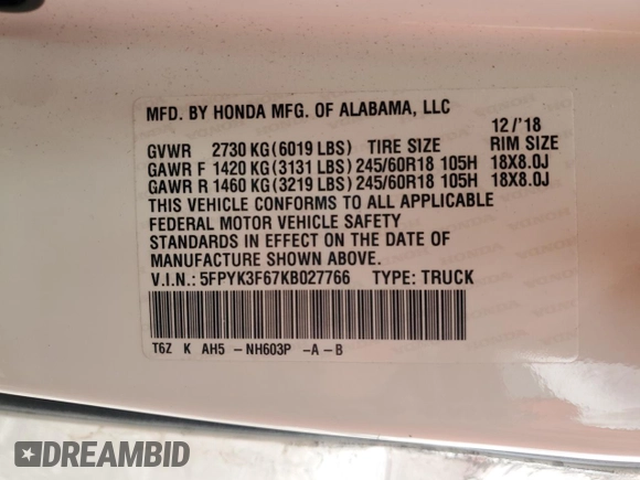 2019 Honda Ridgeline RTL-T with VIN 5FPYK3F67KB027766, listed as a Copart auction lot 56746515 with 66,948 mi miles and Salvage title. Bid and sale history available at DreamBid. Image 12.