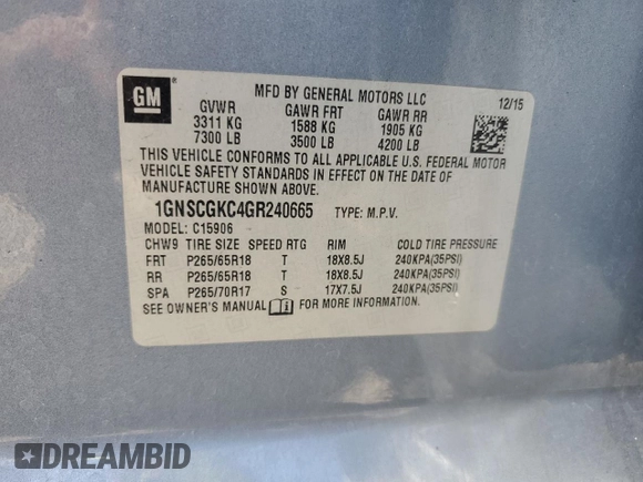 2016 Chevrolet Suburban LS with VIN 1GNSCGKC4GR240665, listed as a Copart auction lot 55630655 with 226,950 mi miles and Clean title. Bid and sale history available at DreamBid. Image 13.