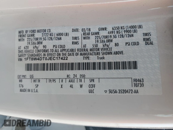2018 Ford F-450 XL с VIN 1FT8W4DT0JEC17422, выставлен на аукционе Copart как лот 77902494 с пробегом 64 007 миль миль и Списание • Salvage title. История ставок и продаж доступна на DreamBid. Изображение 13.