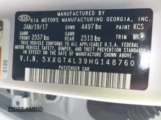 2017 Kia Optima LX with VIN 5XXGT4L39HG148760, listed as a IAAI auction lot 41889329 with 140,834 mi miles and . Bid and sale history available at DreamBid. Image 9.