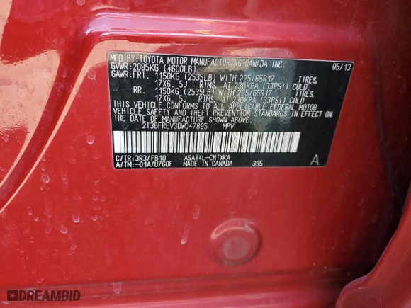 2013 Toyota RAV4 LE with VIN 2T3BFREV3DW047895, listed as a Copart auction lot 48762665 with 185,461 mi miles and Salvage Title. Bid and sale history available at carsss.com. Image 14.