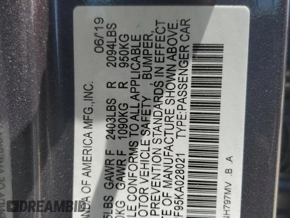 2019 Honda Accord Touring with VIN 1HGCV2F95KA028021, listed as a Copart auction lot 57060845 with 86,014 mi miles and Salvage title. Bid and sale history available at DreamBid. Image 12.