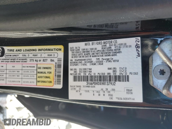 2017 Ford Fusion SE with VIN 3FA6P0HDXHR137932, listed as a Copart auction lot 58956805 with Not provided miles and Salvage title. Bid and sale history available at DreamBid. Image 12.