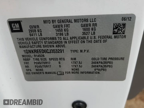 2012 Chevrolet Traverse LS with VIN 1GNKREED6CJ353291, listed as a Copart auction lot 47618165 with 150,071 mi miles and Salvage Title. Bid and sale history available at DreamBid. Image 15.