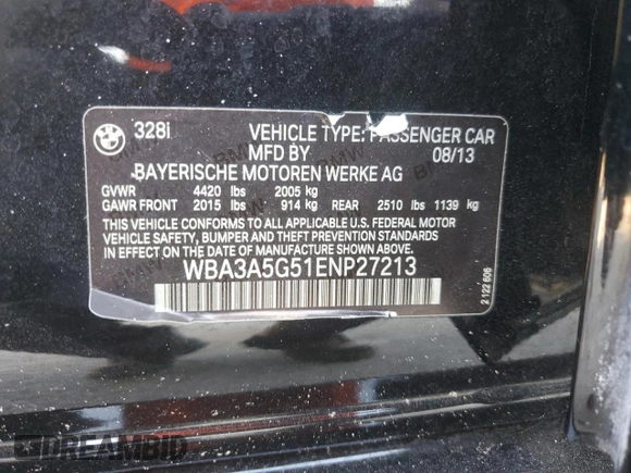 2014 BMW 3 Series 328i z VIN WBA3A5G51ENP27213, wystawiony jako Copart lot #56988805 z przebiegiem 122 517 mil mil oraz Szkoda całkowita • Salvage title. Historia ofert i sprzedaży dostępna na DreamBid. Obrazek 13.