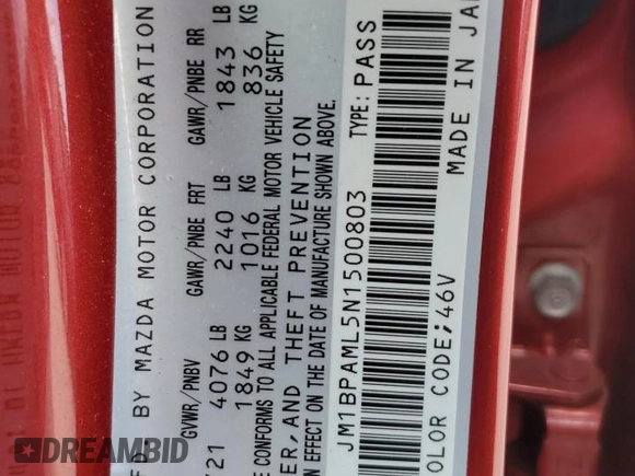 2022 Mazda 3 Premium with VIN JM1BPAML5N1500803, listed as a Copart auction lot 52438915 with 26,018 mi miles and Non repairable. Bid and sale history available at DreamBid. Image 15.