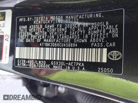 2012 Toyota Avalon with VIN 4T1BK3DB8CU458894, listed as a IAAI auction lot 42414799 with 163,212 mi miles and . Bid and sale history available at DreamBid. Image 9.