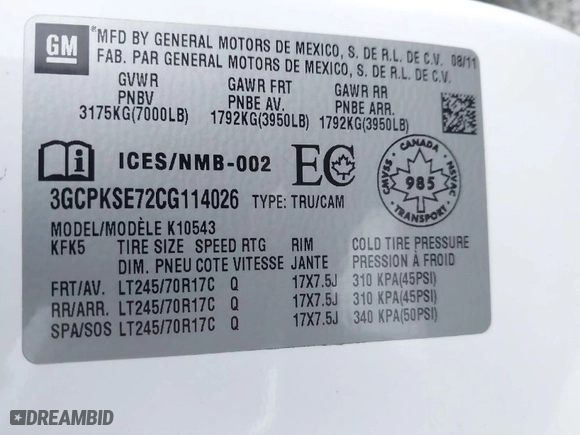 2012 Chevrolet Silverado 1500 LT with VIN 3GCPKSE72CG114026, listed as a IAAI auction lot 41735116 with 191,266 mi miles. Bid and sale history available at carsss.com. Image 9.