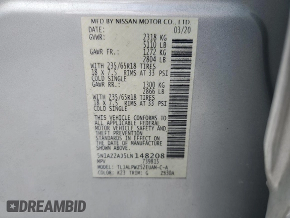 2020 Nissan Murano S with VIN 5N1AZ2AJ5LN148208, listed as a Copart auction lot 55040185 with 76,644 mi miles and Non repairable. Bid and sale history available at DreamBid. Image 13.