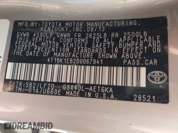 2013 Toyota Avalon XLE with VIN 4T1BK1EB2DU067941, listed as a IAAI auction lot 41321943 with 159,524 mi miles and . Bid and sale history available at DreamBid. Image 9.