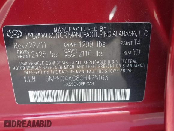 2012 Hyundai Sonata Limited z VIN 5NPEC4AC8CH425163, wystawiony jako IAAI lot #42297206 z przebiegiem 159 946 mil mil oraz . Historia ofert i sprzedaży dostępna na DreamBid. Obrazek 9.