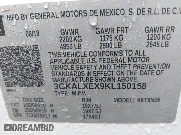2019 GMC Terrain Denali with VIN 3GKALXEX9KL150158, listed as a IAAI auction lot 41678554 with 80,401 mi miles and . Bid and sale history available at carsss.com. Image 9.