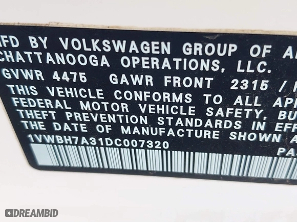2013 Volkswagen Passat SE w/Sunroof with VIN 1VWBH7A31DC007320, listed as a IAAI auction lot 41213664 with 164,040 mi miles. Bid and sale history available at carsss.com. Image 9.
