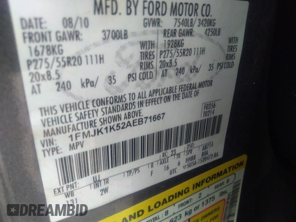 2010 Ford Expedition Max Limited with VIN 1FMJK1K52AEB71667, listed as a IAAI auction lot 41736344 with 289,750 mi miles and . Bid and sale history available at DreamBid. Image 9.