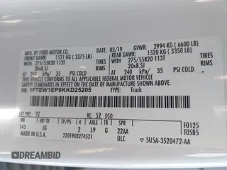 2019 Ford F-150 XL with VIN 1FTEW1EP9KKD25205, listed as a IAAI auction lot 41158627 with 179,259 mi miles and . Bid and sale history available at DreamBid. Image 9.