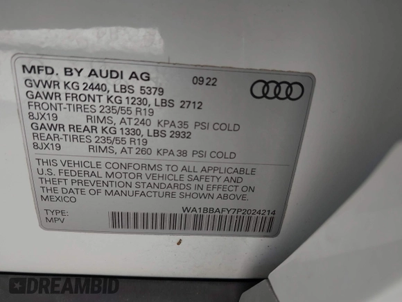 2023 Audi Q5 Premium Plus with VIN WA1BBAFY7P2024214, listed as a IAAI auction lot 41169876 with 21,183 mi miles and . Bid and sale history available at DreamBid. Image 9.