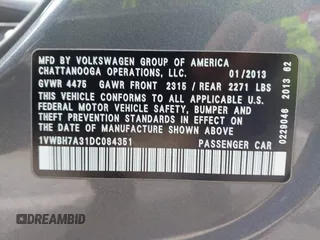 2013 Volkswagen Passat SE with VIN 1VWBH7A31DC084351, listed as a IAAI auction lot 42014167 with 187,959 mi miles and . Bid and sale history available at DreamBid. Image 9.