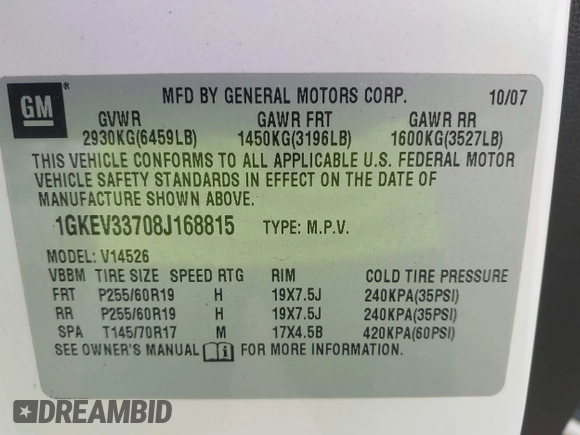 2008 GMC Acadia SLT2 with VIN 1GKEV33708J168815, listed as a IAAI auction lot 42467145 with 133,241 mi miles and . Bid and sale history available at DreamBid. Image 9.
