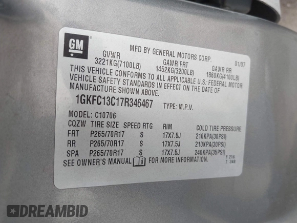 2007 GMC Yukon SLE w/3SA with VIN 1GKFC13C17R346467, listed as a IAAI auction lot 41425793 with 252,934 mi miles. Bid and sale history available at carsss.com. Image 9.