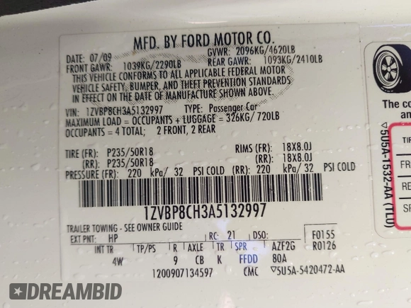 2010 Ford Mustang GT with VIN 1ZVBP8CH3A5132997, listed as a IAAI auction lot 40662577 with 127,127 mi miles. Bid and sale history available at carsss.com. Image 9.