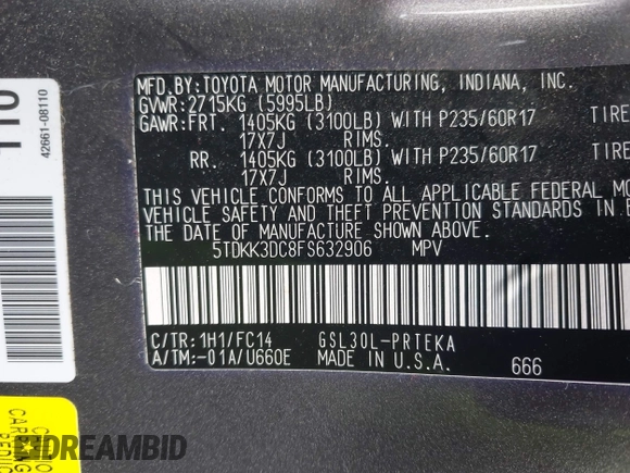 2015 Toyota Sienna LE AAS with VIN 5TDKK3DC8FS632906, listed as a IAAI auction lot 42533867 with 128,980 mi miles and . Bid and sale history available at DreamBid. Image 9.