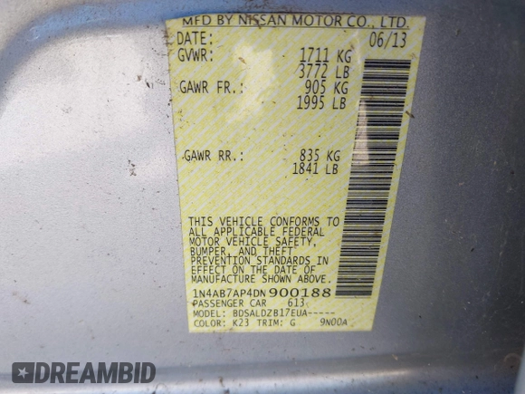 2013 Nissan Sentra SV with VIN 1N4AB7AP4DN900188, listed as a IAAI auction lot 41772895 with 172,703 mi miles and . Bid and sale history available at DreamBid. Image 9.