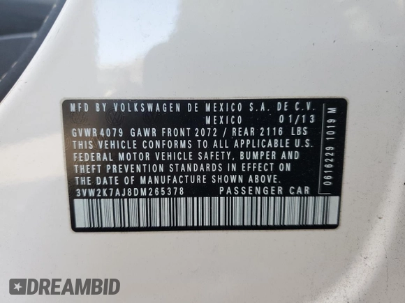 2013 Volkswagen Jetta Sedan S with VIN 3VW2K7AJ8DM265378, listed as a Copart auction lot 87018704 with 65,773 mi miles and Salvage Title. Bid and sale history available at carsss.com. Image 12.