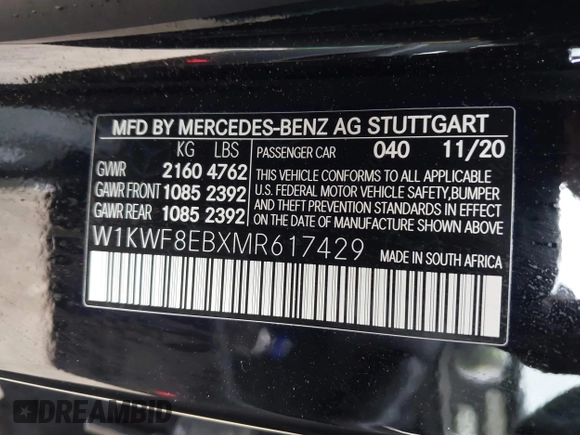 2021 Mercedes-Benz C 300 with VIN W1KWF8EBXMR617429, listed as a IAAI auction lot 41979087 with 42,712 mi miles and . Bid and sale history available at DreamBid. Image 9.