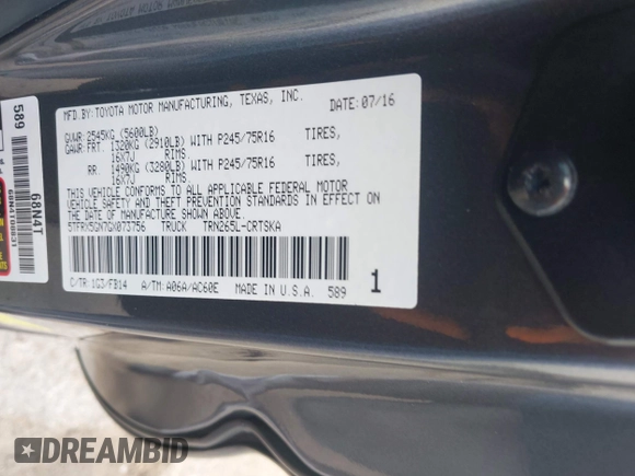 2016 Toyota Tacoma SR with VIN 5TFRX5GN7GX073756, listed as a IAAI auction lot 42169580 with 116,102 mi miles and . Bid and sale history available at carsss.com. Image 9.