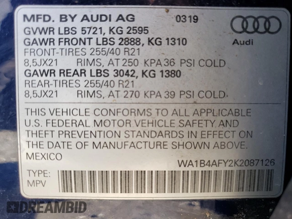 2019 Audi SQ5 Premium Plus with VIN WA1B4AFY2K2087126, listed as a Copart auction lot 44254124 with 36,275 mi miles and . Bid and sale history available at DreamBid. Image 13.