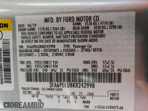 2019 Ford Fusion SE with VIN 3FA6P0LU8KR242998, listed as a Copart auction lot 48927543 with 102,036 mi miles and . Bid and sale history available at DreamBid. Image 10.