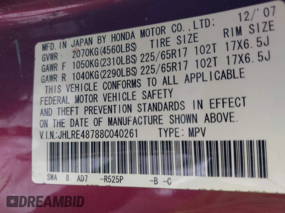 2008 Honda CR-V EX-L with VIN JHLRE48788C040261, listed as a IAAI auction lot 42006522 with 217,744 mi miles. Bid and sale history available at carsss.com. Image 9.