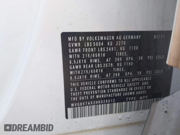 2017 Volkswagen Tiguan S with VIN WVGBV7AX2HK026612, listed as a IAAI auction lot 41320044 with 74,979 mi miles and . Bid and sale history available at DreamBid. Image 9.