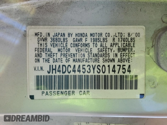 2000 Acura Integra LS with VIN JH4DC4453YS014754, listed as a Copart auction lot 61295265 with 135,573 mi miles and Salvage title. Bid and sale history available at DreamBid. Image 12.